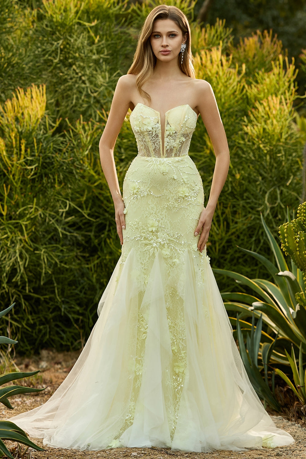 Yellow Floral Mermaid Lace Strapless Long Corset Prom Dress