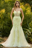 Yellow Floral Mermaid Lace Strapless Long Corset Prom Dress