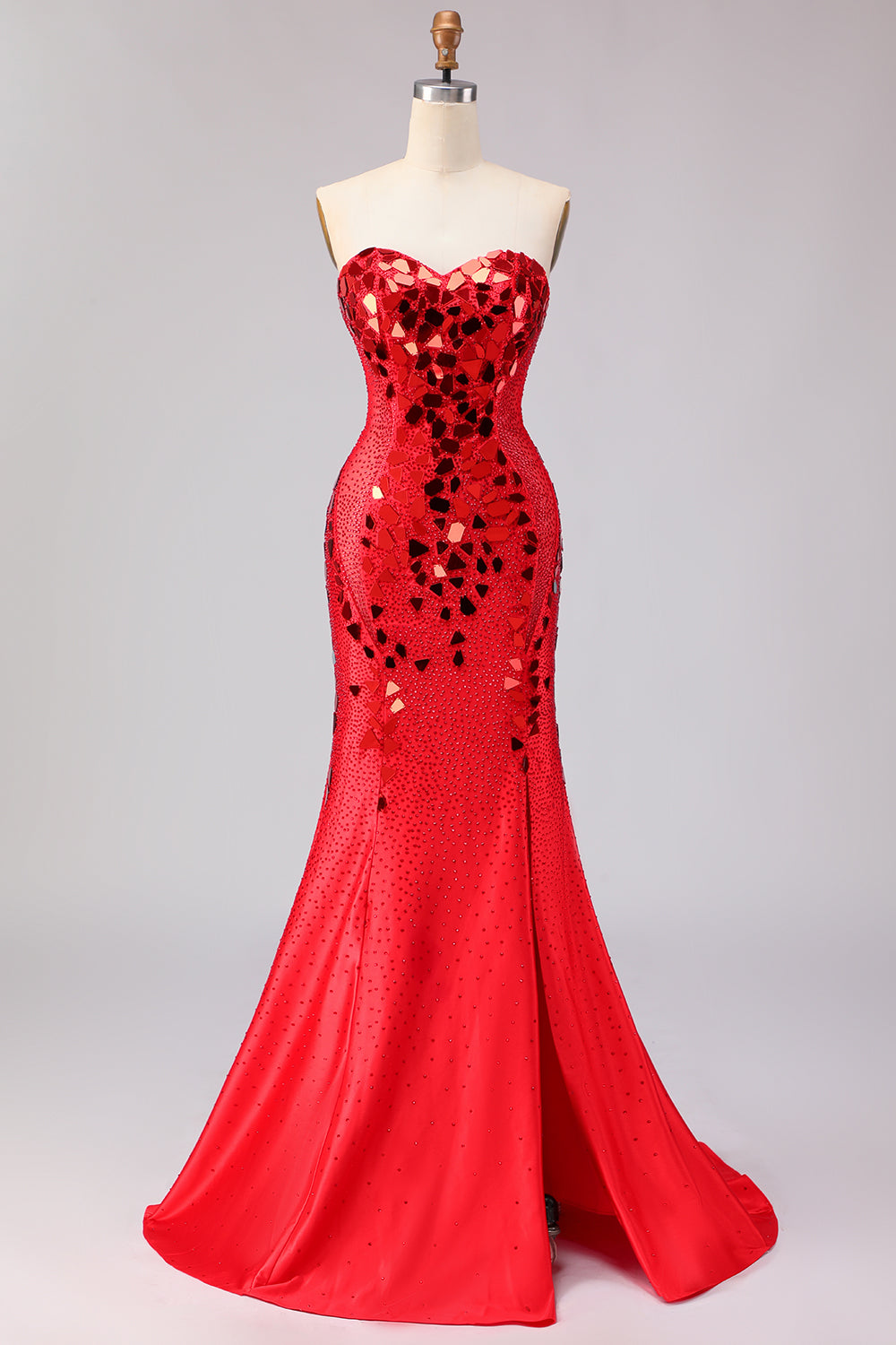 Sparkly Red Mermaid Mirror Sweetheart Long Prom Dress with Slit