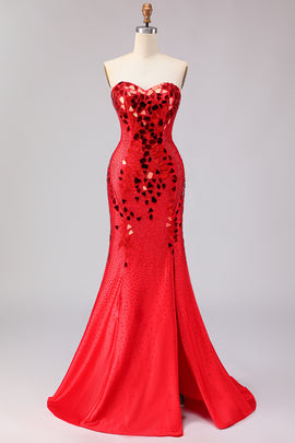 Sparkly Red Mermaid Mirror Sweetheart Long Prom Dress with Slit