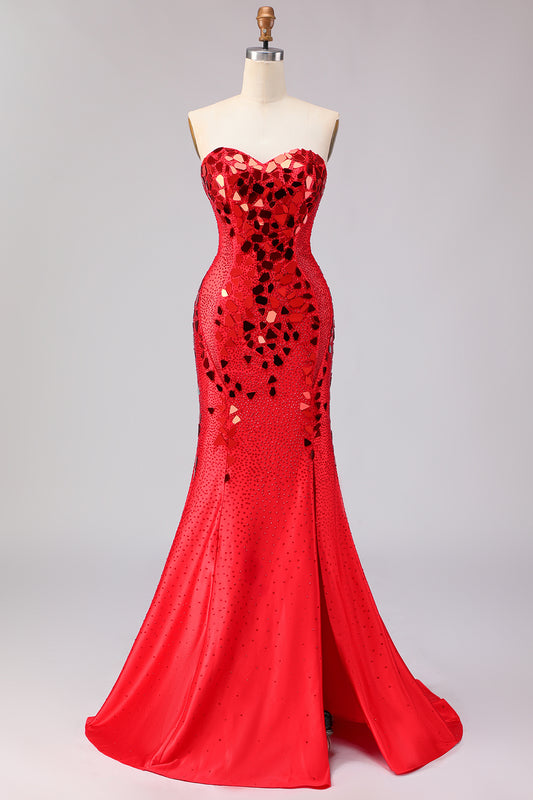 Sparkly Red Mermaid Mirror Sweetheart Long Prom Dress with Slit