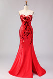 Sparkly Red Mermaid Mirror Sweetheart Long Prom Dress with Slit