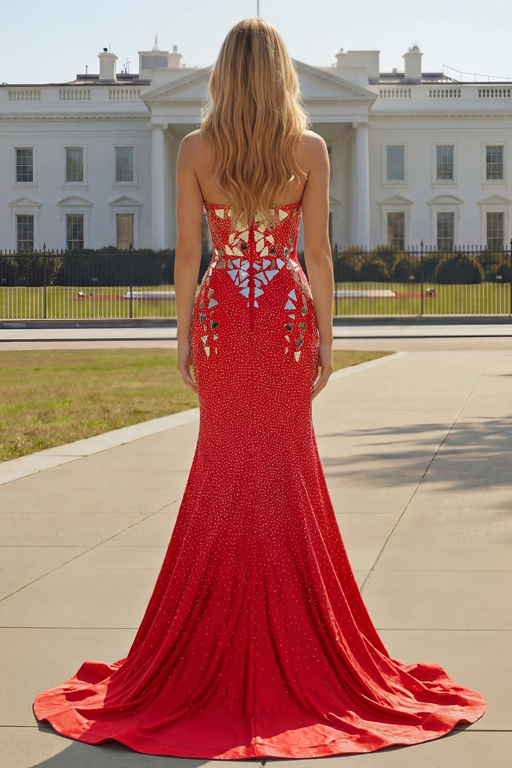 Sparkly Red Mermaid Mirror Sweetheart Long Prom Dress with Slit