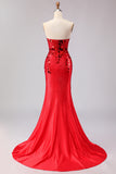 Sparkly Red Mermaid Mirror Sweetheart Long Prom Dress with Slit