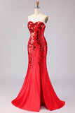 Sparkly Red Mermaid Mirror Sweetheart Long Prom Dress with Slit