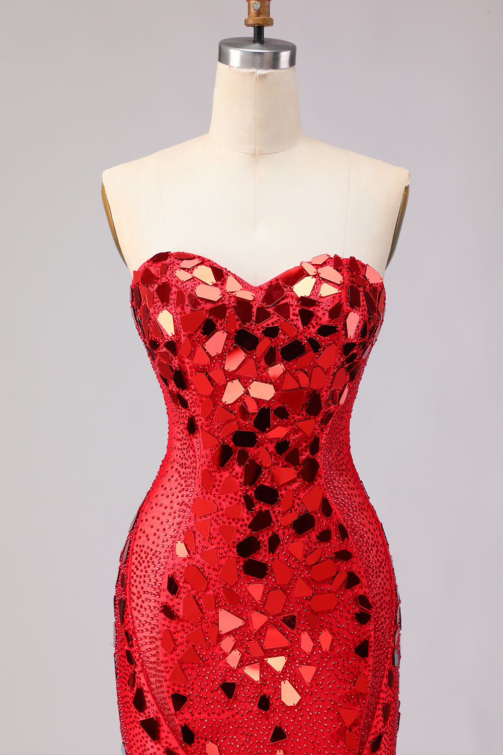 Sparkly Red Mermaid Mirror Sweetheart Long Prom Dress with Slit