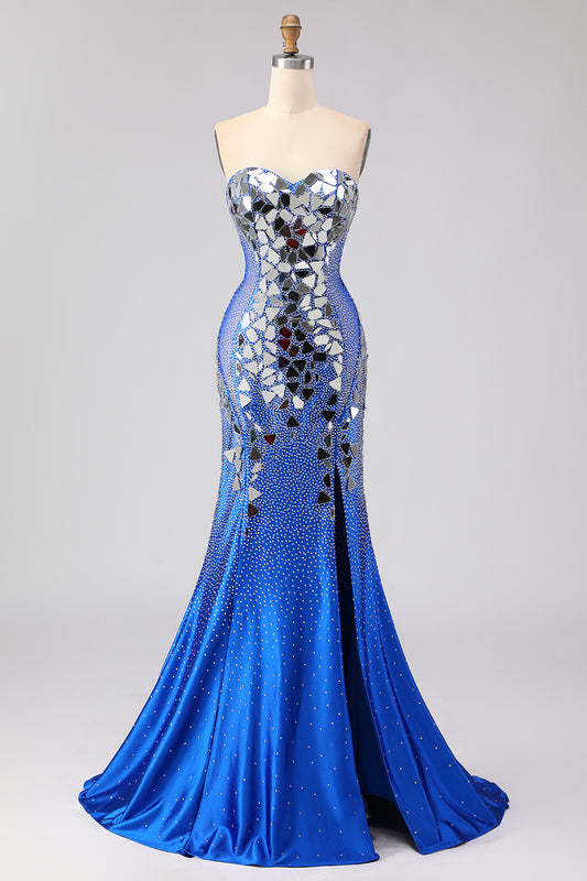 Sparkly Royal Blue Sweetheart Beaded Mirror Long Prom Dress with Slit