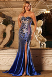 Sparkly Royal Blue Mirror Sweetheart Beaded Long Prom Dress with Slit