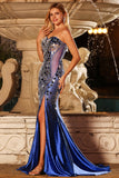 Sparkly Royal Blue Mirror Sweetheart Beaded Long Prom Dress with Slit