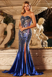 Sparkly Royal Blue Mirror Sweetheart Beaded Long Prom Dress with Slit