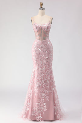 Sparkly Floral Blush Sequin Lace Long Corset Prom Dress with Rhinestone