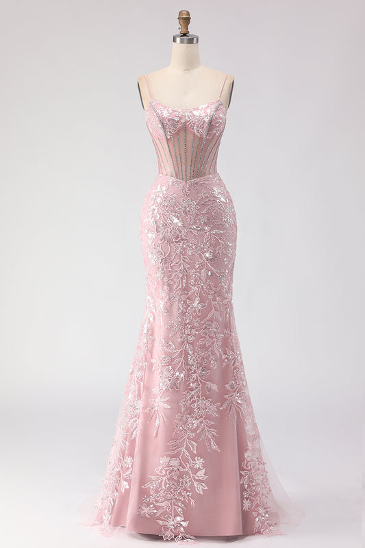 Sparkly Floral Blush Sequin Lace Long Corset Prom Dress with Rhinestone