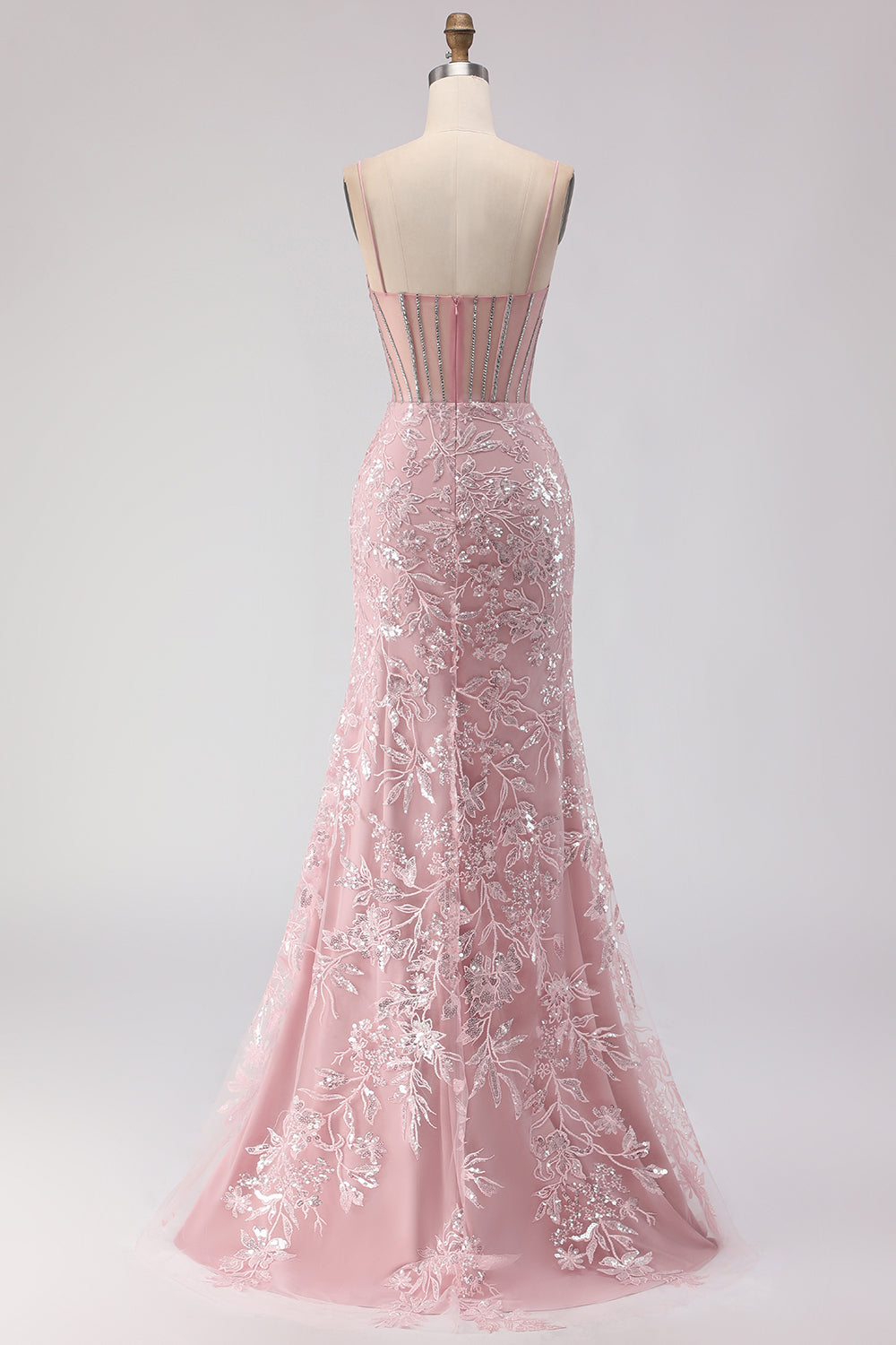 Sparkly Floral Blush Sequin Lace Long Corset Prom Dress with Rhinestone