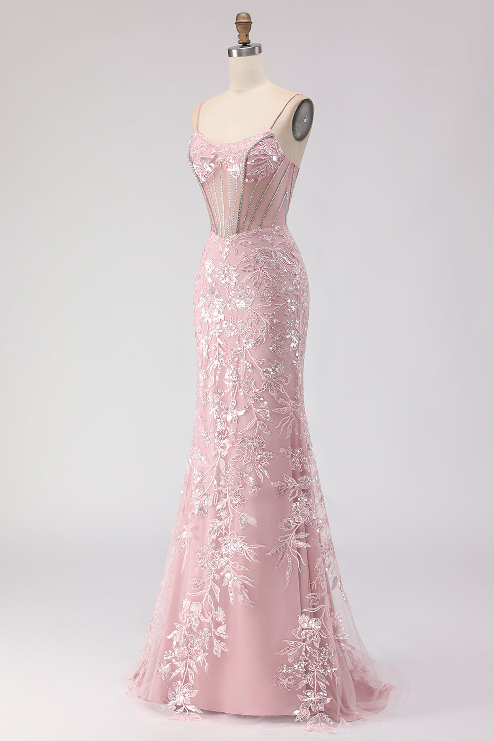Sparkly Floral Blush Sequin Lace Long Corset Prom Dress with Rhinestone