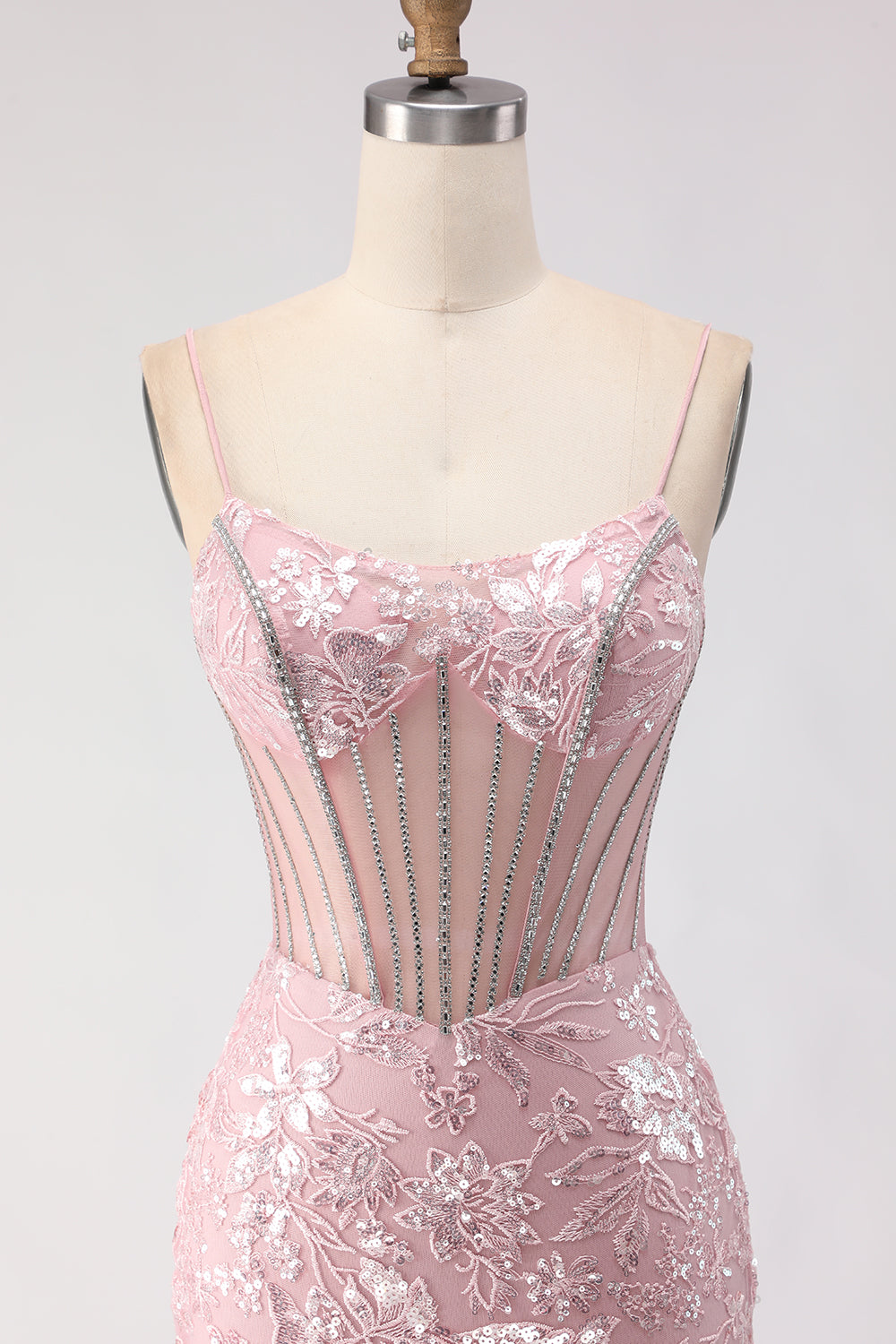 Sparkly Floral Blush Sequin Lace Long Corset Prom Dress with Rhinestone