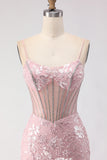Sparkly Floral Blush Sequin Lace Long Corset Prom Dress with Rhinestone
