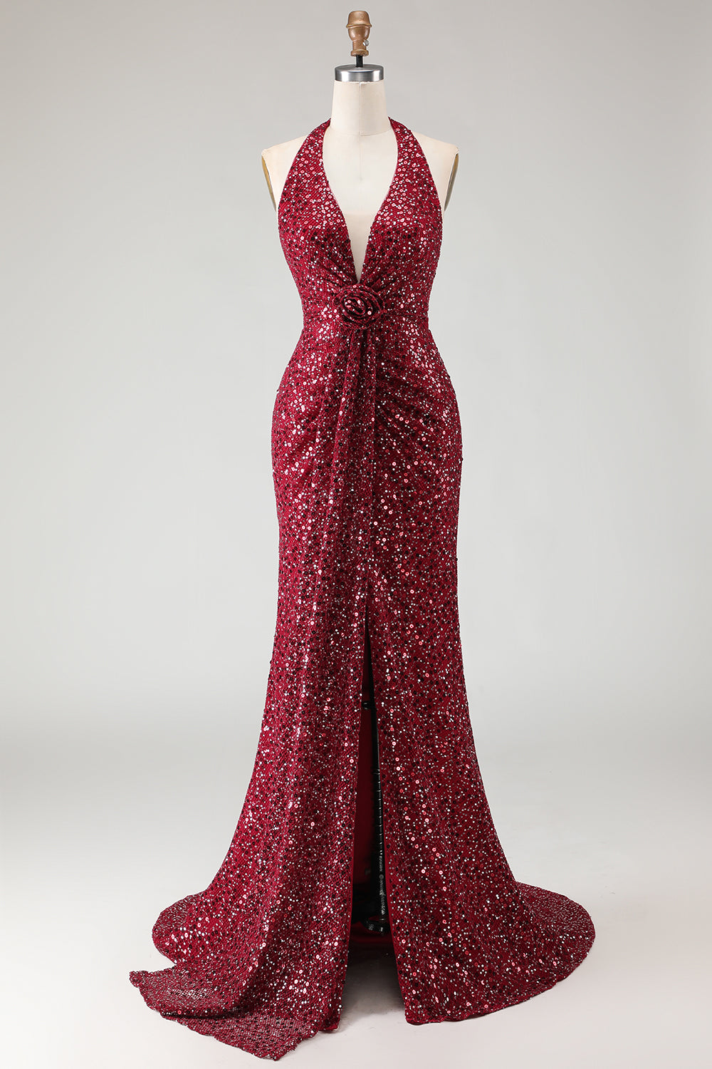 Sparkly Burgundy Sequin Halter Neck Mermaid Long Prom Dress with Slit