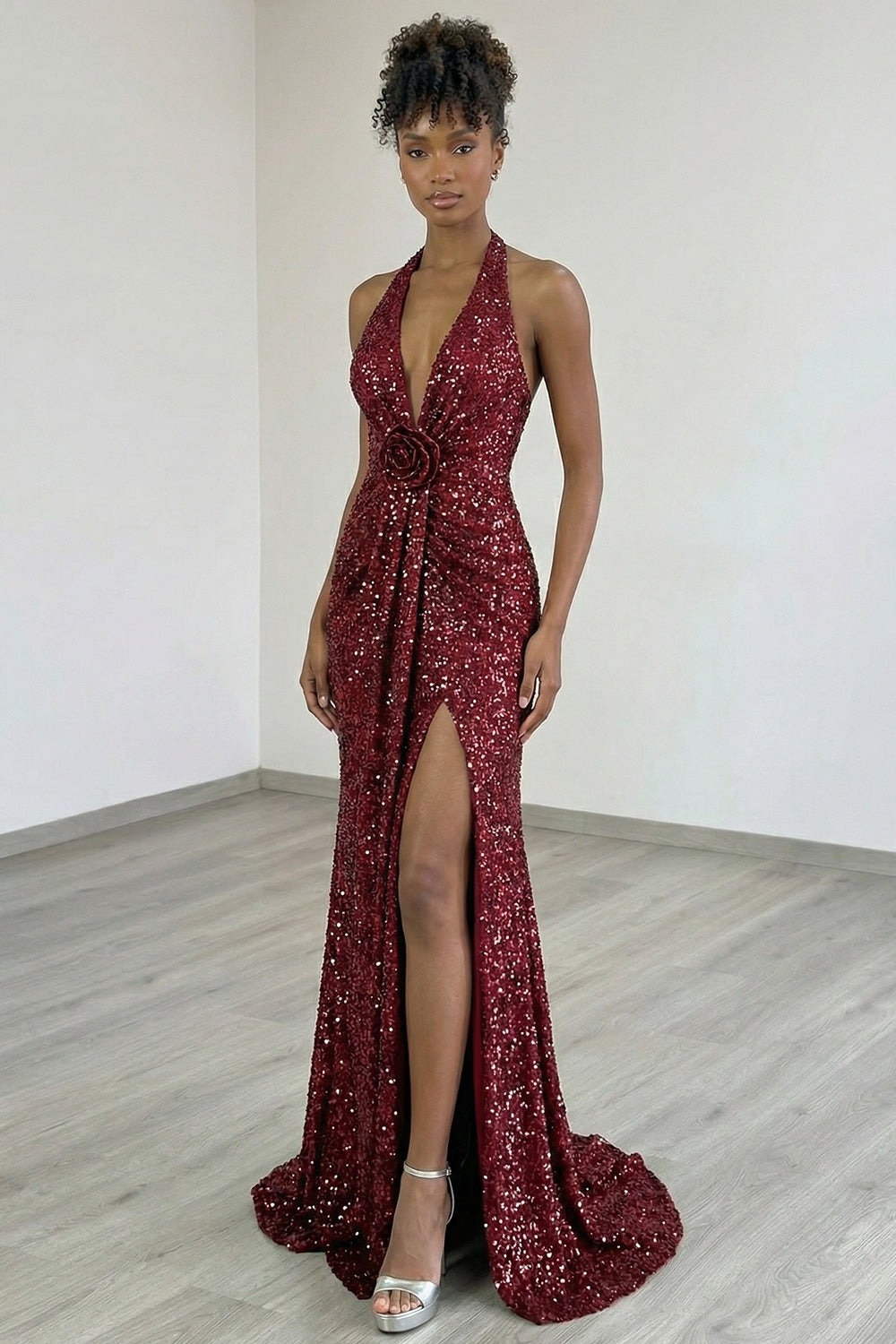 Zapakasa Women Sparkly Burgundy Mermaid Long Prom Dress with Slit Halter Neck Sequins Ruched Backless Pageant Dress with 3D Flower Zapakasa Women Sparkly Burgundy Mermaid Long Prom Dress with Slit Halter Neck Sequins Ruched Backless Pageant Dress with 3D Flower