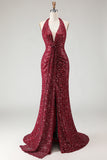 Sparkly Burgundy Sequin Halter Neck Mermaid Long Prom Dress with Slit