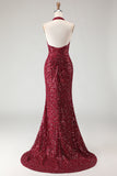 Sparkly Burgundy Sequin Halter Neck Mermaid Long Prom Dress with Slit