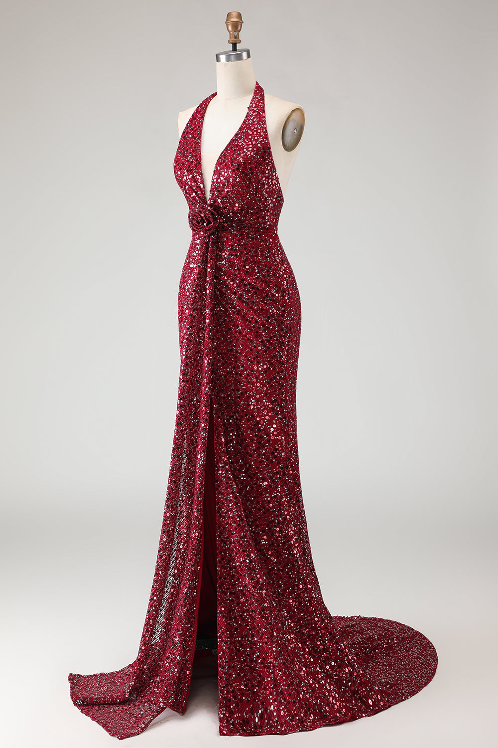 Sparkly Burgundy Sequin Halter Neck Mermaid Long Prom Dress with Slit