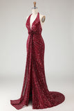 Sparkly Burgundy Sequin Halter Neck Mermaid Long Prom Dress with Slit