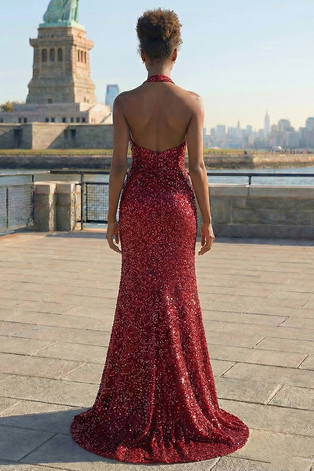 Zapakasa Women Sparkly Burgundy Sequin Long Prom Dress with Slit Halter Neck Mermaid Backless Ruched Pageant Dress with 3D Flower Zapakasa Women Sparkly Burgundy Sequin Long Prom Dress with Slit Halter Neck Mermaid Backless Ruched Pageant Dress with 3D Flower