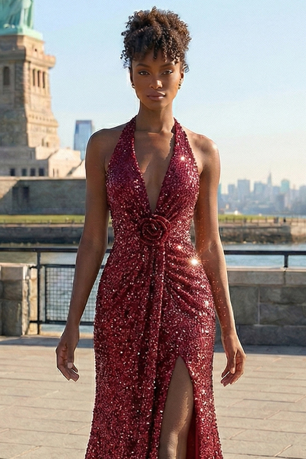 Zapakasa Women Sparkly Burgundy Mermaid Long Prom Dress with Slit Halter Neck Sequins Ruched Backless Pageant Dress with 3D Flower Zapakasa Women Sparkly Burgundy Mermaid Long Prom Dress with Slit Halter Neck Sequins Ruched Backless Pageant Dress with 3D Flower