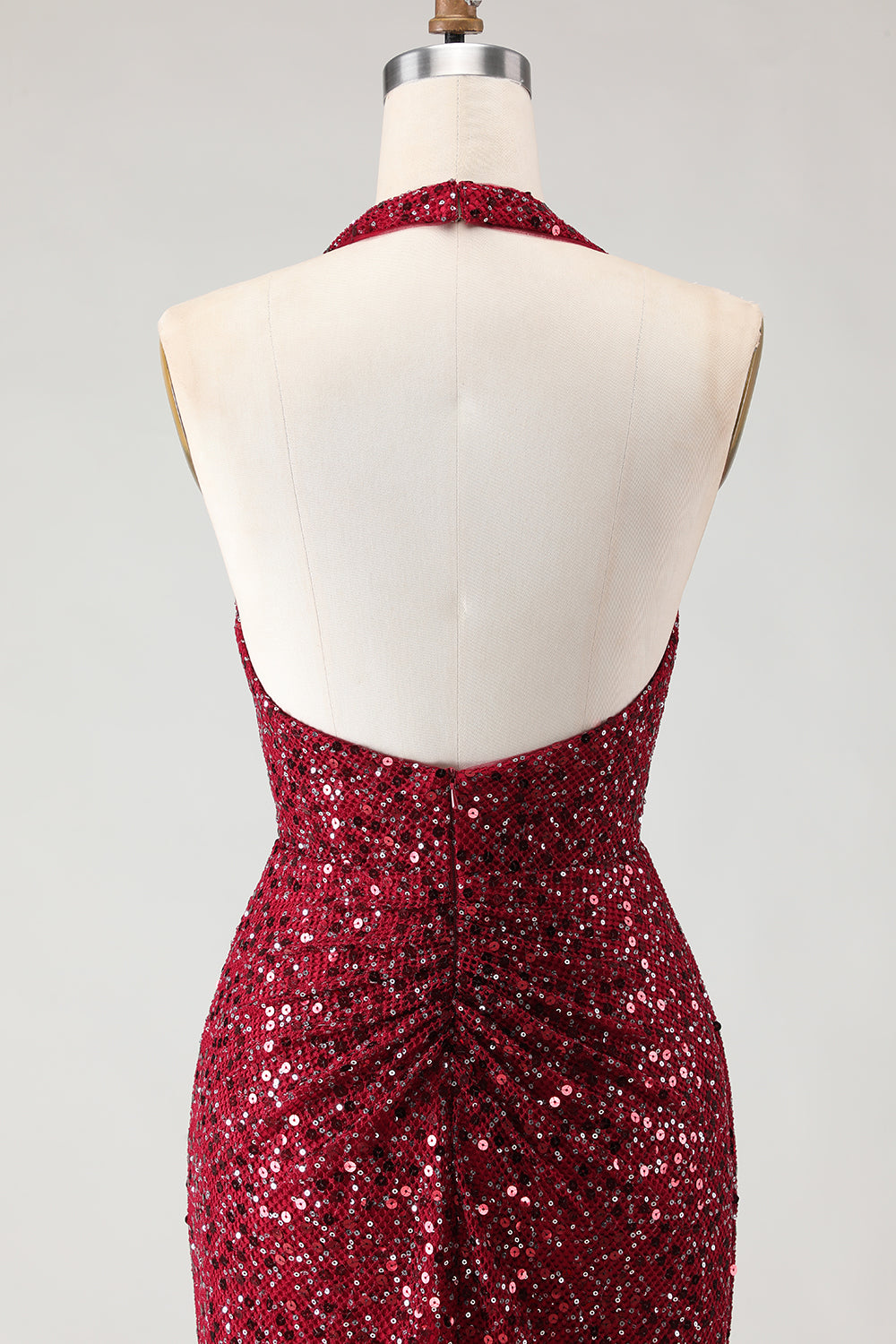 Sparkly Burgundy Sequin Halter Neck Mermaid Long Prom Dress with Slit