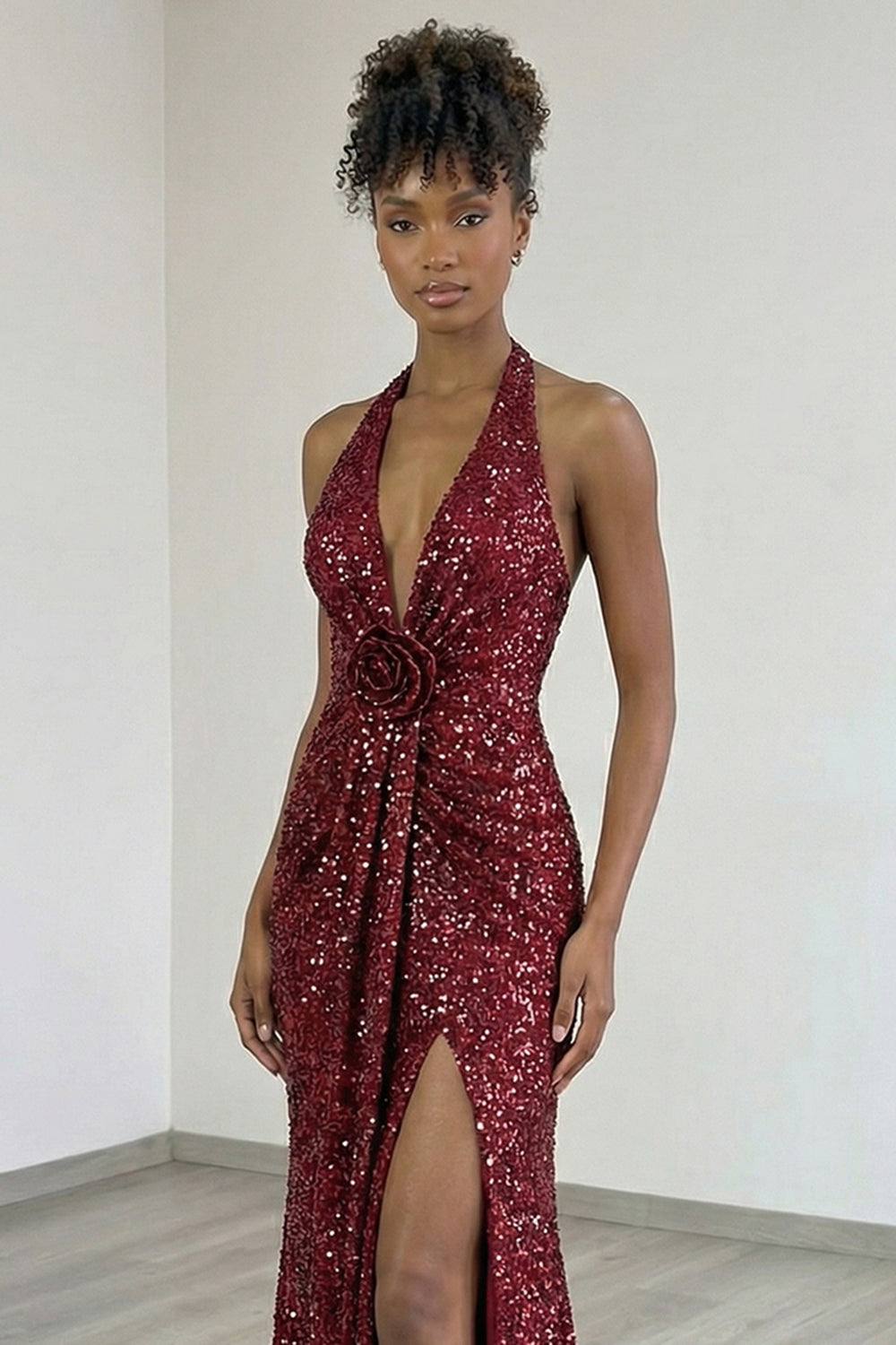 Zapakasa Women Sparkly Burgundy Mermaid Long Prom Dress with Slit Halter Neck Sequins Ruched Backless Pageant Dress with 3D Flower