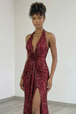 Burgundy Sparkly Halter Neck Sequin Mermaid Long Prom Dress with Slit
