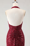 Sparkly Burgundy Sequin Halter Neck Mermaid Long Prom Dress with Slit