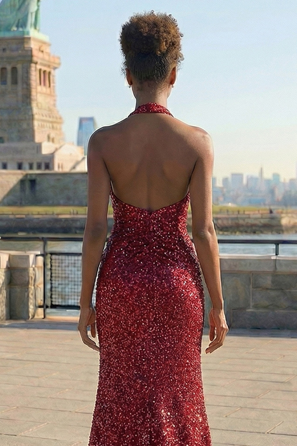 Zapakasa Women Sparkly Burgundy Mermaid Long Prom Dress with Slit Halter Neck Sequins Ruched Backless Pageant Dress with 3D Flower Zapakasa Women Sparkly Burgundy Mermaid Long Prom Dress with Slit Halter Neck Sequins Ruched Backless Pageant Dress with 3D Flower