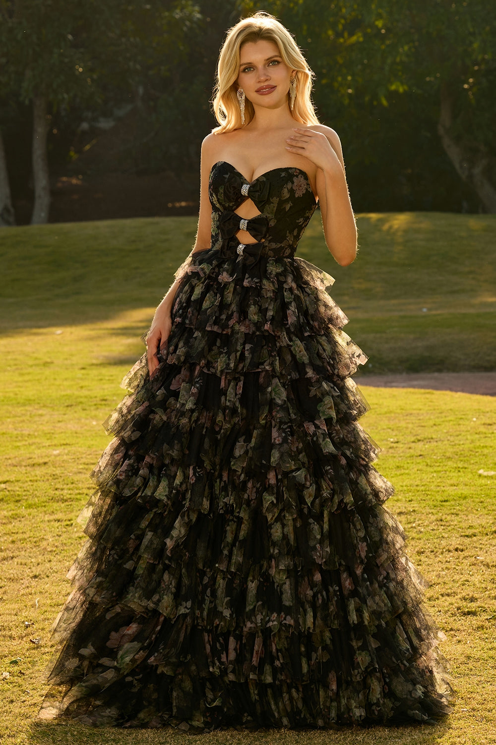 Zapakasa Women Black Floral Tiered Long Prom Dress with Bows Tulle