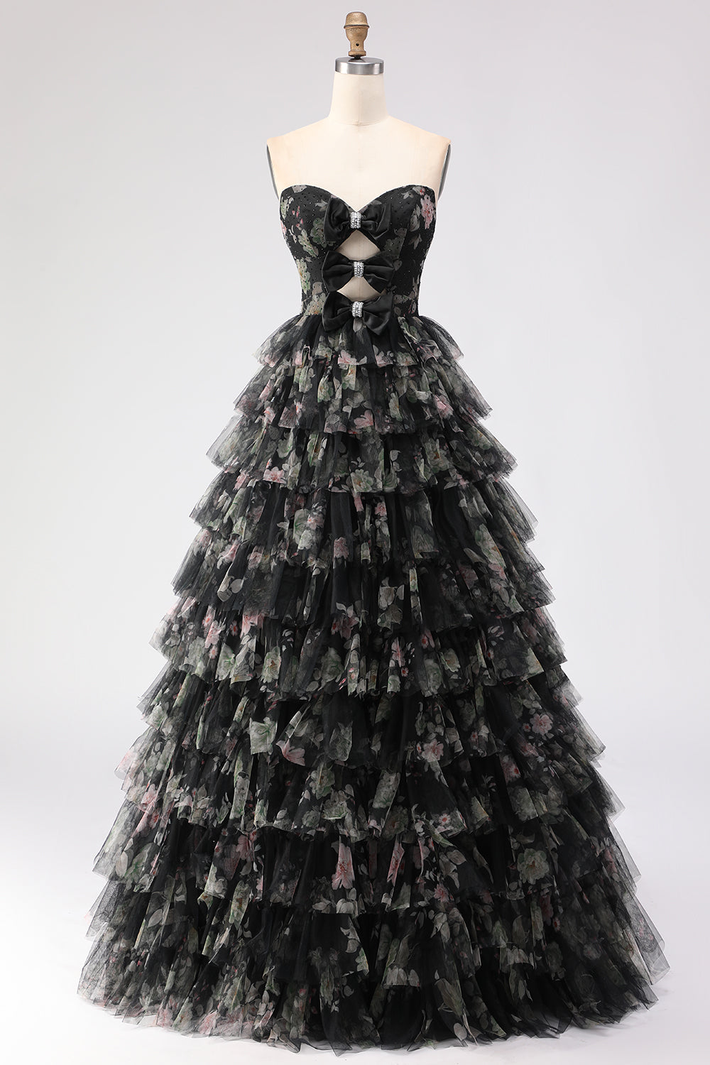 Black Floral Tiered Sweetheart Tulle Long Prom Dress with Bows