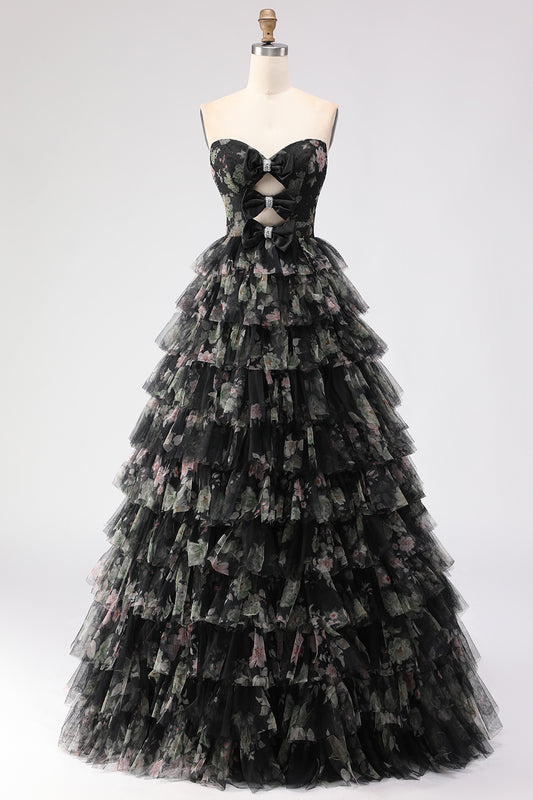 Black Floral Tiered Sweetheart Tulle Long Prom Dress with Bows