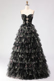 Black Floral Tiered Sweetheart Tulle Long Prom Dress with Bows