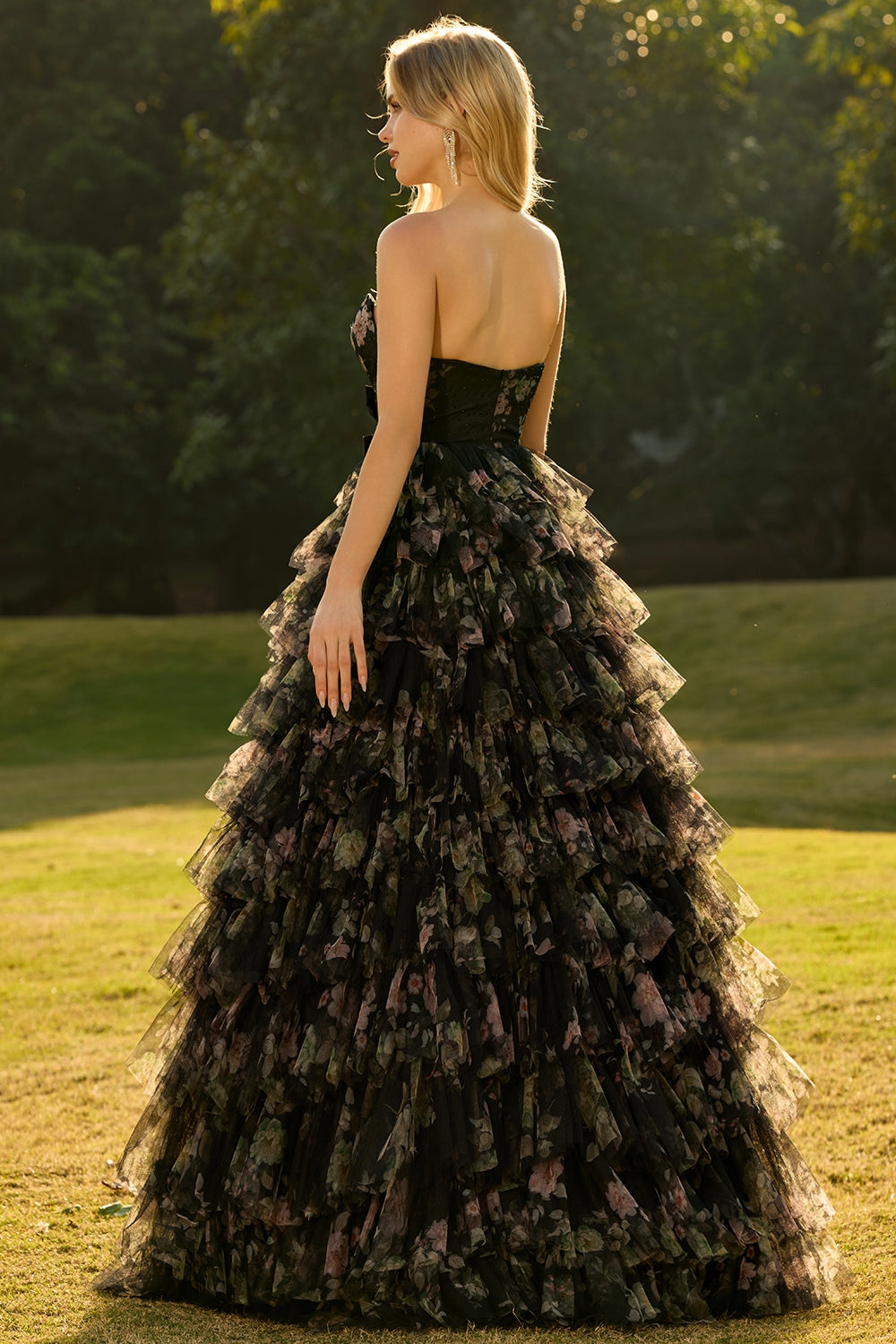 Zapakasa Women Black Floral Tiered Long Prom Dress with Bows Tulle