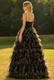 Black Floral Tiered Sweetheart Tulle Long Prom Dress with Bows