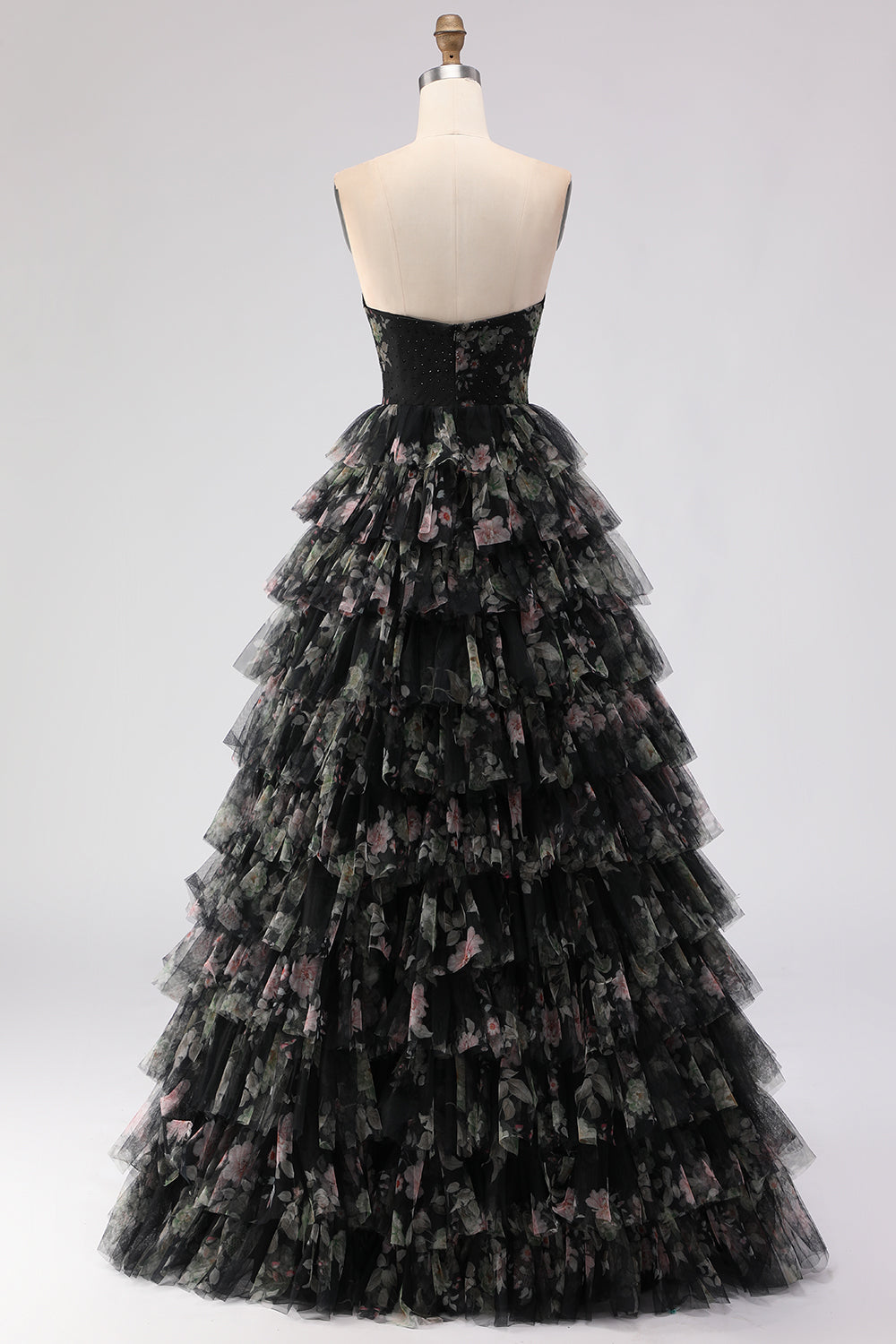 Pink Floral Tiered Tulle Sweetheart Long Prom Dress with Bows
