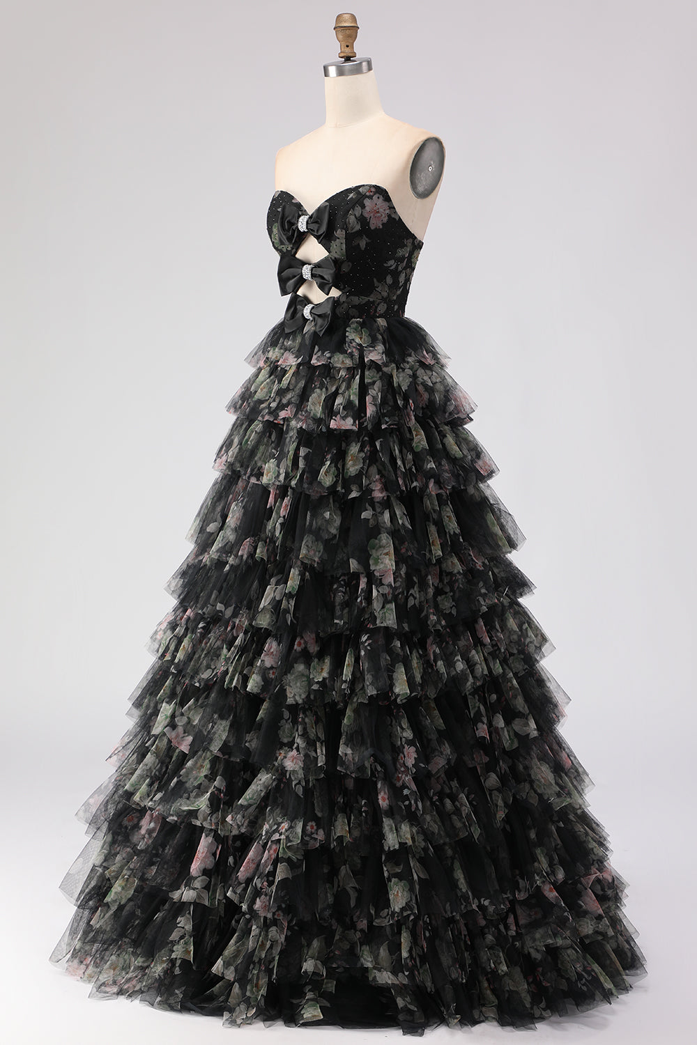 Black Floral Tiered Sweetheart Tulle Long Prom Dress with Bows