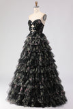 Black Floral Tiered Sweetheart Tulle Long Prom Dress with Bows
