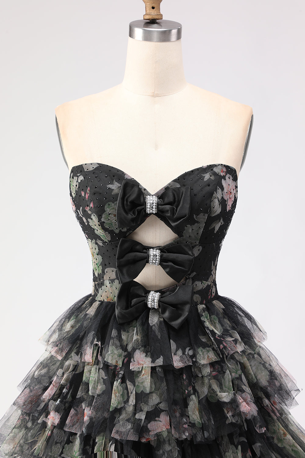 Black Floral Tiered Sweetheart Tulle Long Prom Dress with Bows