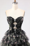 Black Floral Tiered Sweetheart Tulle Long Prom Dress with Bows