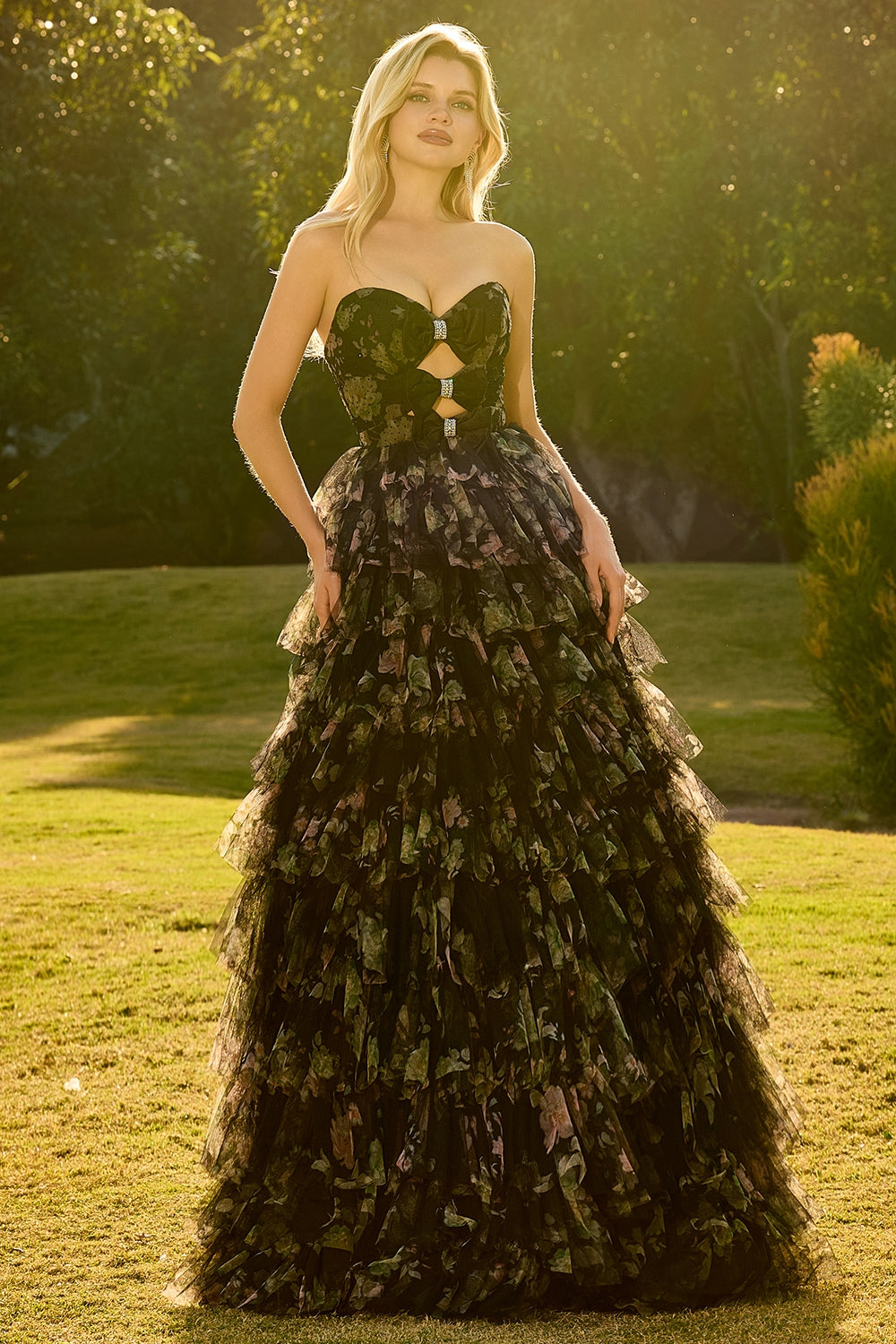 Floral Black Tiered Tulle Sweetheart Long Prom Dress with Bows