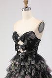 Black Floral Tiered Sweetheart Tulle Long Prom Dress with Bows