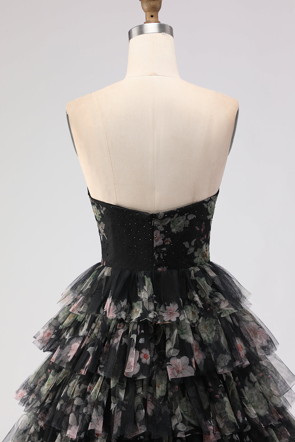 Black Floral Tiered Sweetheart Tulle Long Prom Dress with Bows