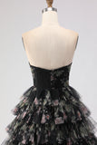 Black Floral Tiered Sweetheart Tulle Long Prom Dress with Bows
