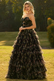 Floral Black Tiered Tulle Sweetheart Long Prom Dress with Bows