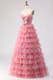 Black Floral Tiered Sweetheart Tulle Long Prom Dress with Bows